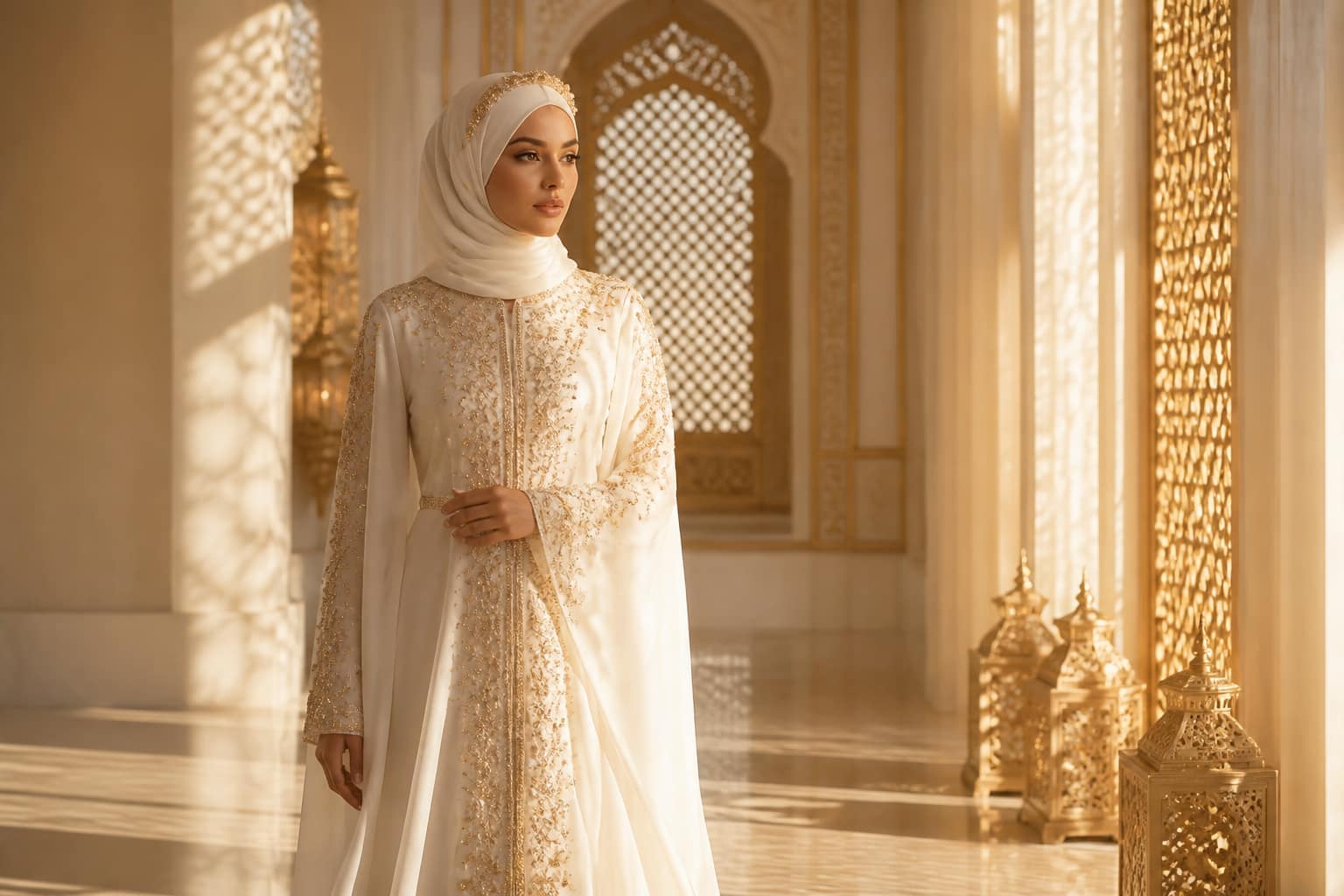 Ivory lattice for a modest bridal.